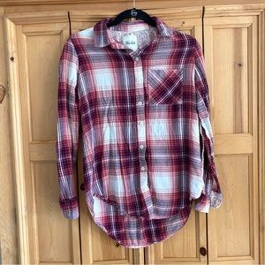 Mudd Burgundy & White Plaid Long Sleeve Button Down Flannel Shirt Top Size XS